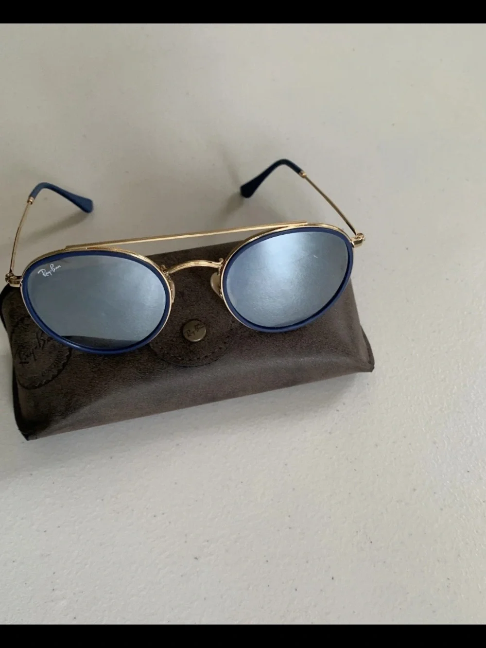 Ray-Ban Round Double-Bridge Sunglasses in Blue and Gold with Blue Temple Tips